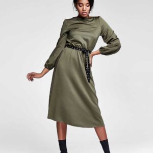 High neck shoulder pad twist front midi dress in forest green